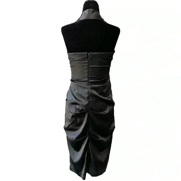 Le Chateau Cocktail Evening Dress Black Satin Halter Neck Bodycon Ruched Small - Picture 2 of 16
